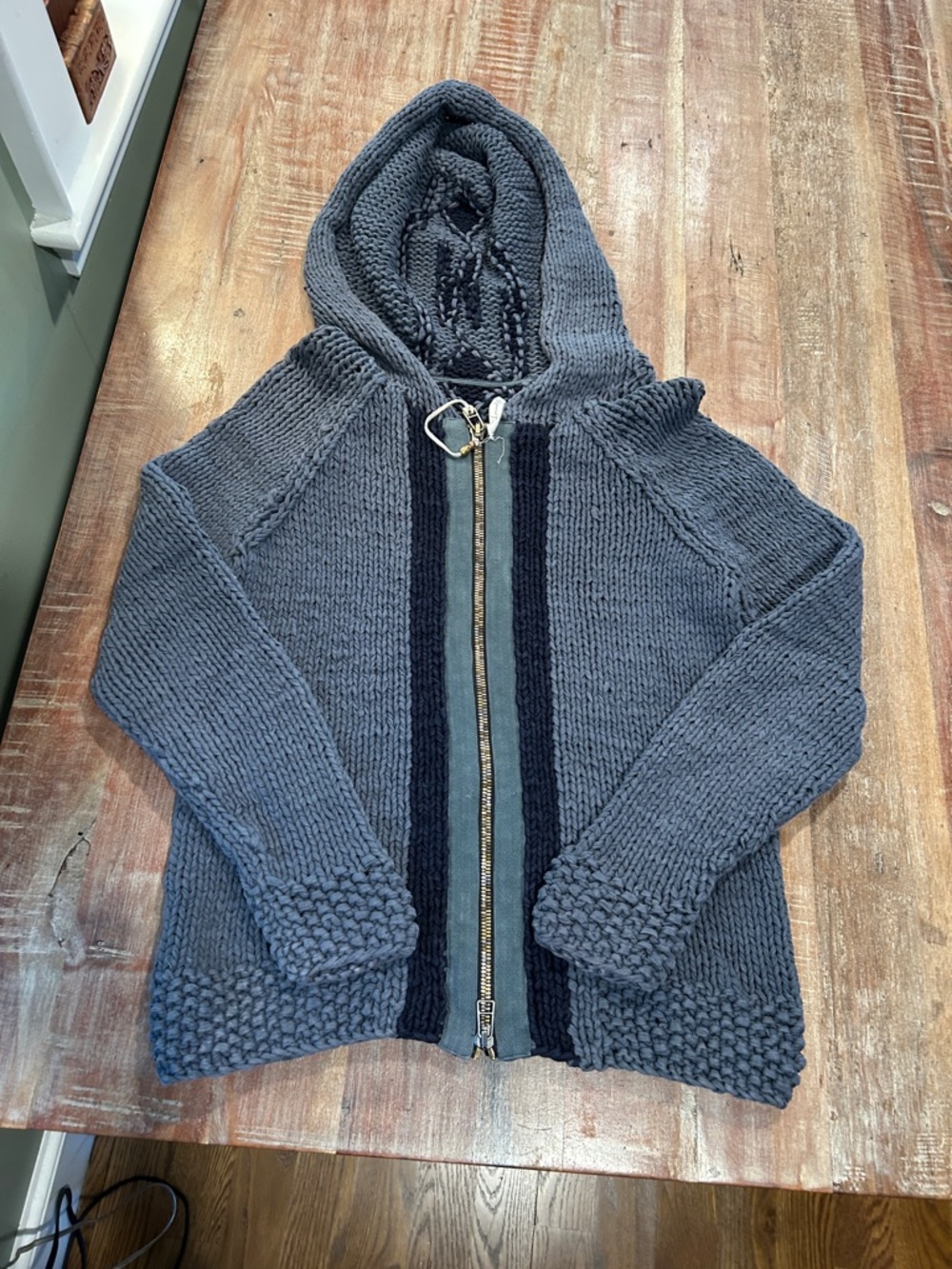 Loomstate Vintage Gray Chunky Knit Hooded Zip Sweater with Navy/Teal Accents